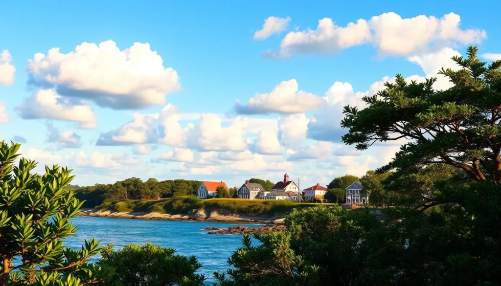 A stunning vista of Martha's Vineyard on a sun-dappled summer day. Serene waves lap against a picturesque shoreline, framed by lush green foliage and swaying trees. In the distance, historic lighthouses and quaint New England-style homes dot the landscape, their white clapboard siding and red roofs reflecting the warm glow of the golden hour. The sky is a brilliant azure, dotted with fluffy cumulus clouds that cast gentle shadows across the scene. A gentle sea breeze rustles the leaves, creating a tranquil, inviting atmosphere perfect for a weather-savvy visit to this idyllic island retreat.