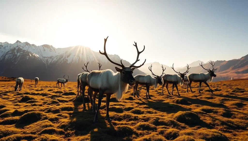 A stunning vista of Øvre Dividal National Park in Norway, with a herd of majestic reindeer grazing peacefully in the foreground. The animals are silhouetted against a backdrop of snow-capped mountains, their antlers casting long shadows on the lush, moss-covered ground. Warm, golden sunlight filters through the crisp, clear air, creating a serene and tranquil atmosphere. The scene is captured through a wide-angle lens, allowing the viewer to fully immerse themselves in the natural beauty of this remarkable landscape.