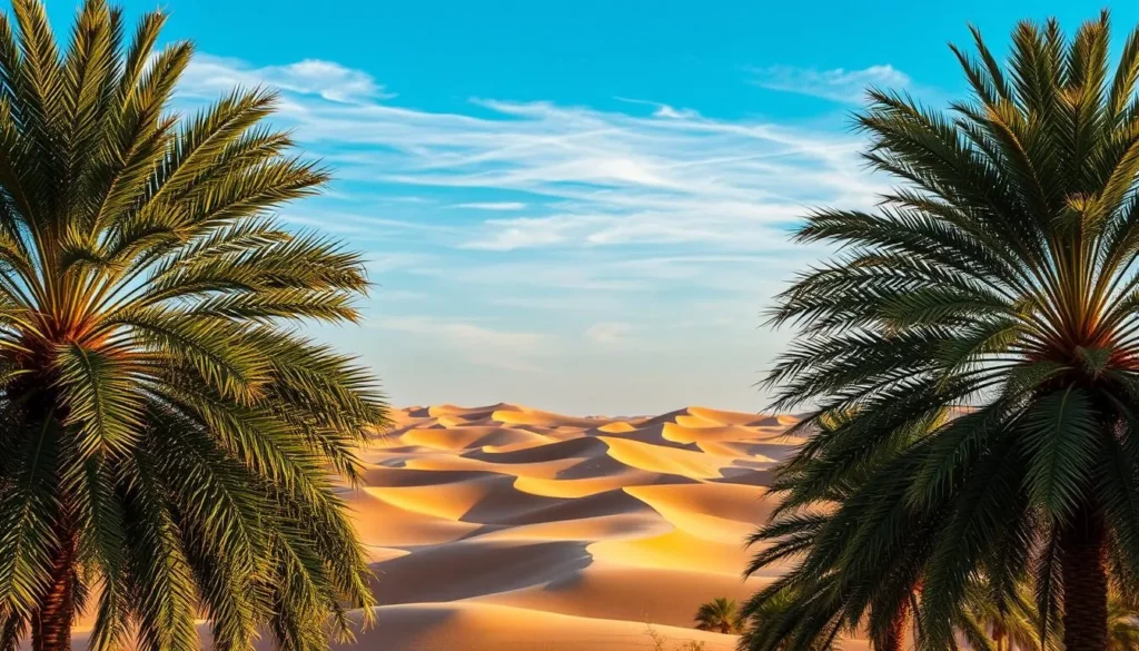 A stunning vista of the United Arab Emirates' diverse climate, bathed in warm, golden sunlight. In the foreground, lush, verdant palm trees sway gently in a light breeze, their fronds casting intricate shadows on the ground below. In the middle ground, rolling sand dunes stretch out as far as the eye can see, their undulating forms sculpted by the wind. The background is dominated by a clear, azure sky, with wispy clouds drifting lazily overhead. The overall atmosphere conveys a sense of tranquility and serenity, perfectly capturing the essence of the UAE's picturesque weather and seasons.