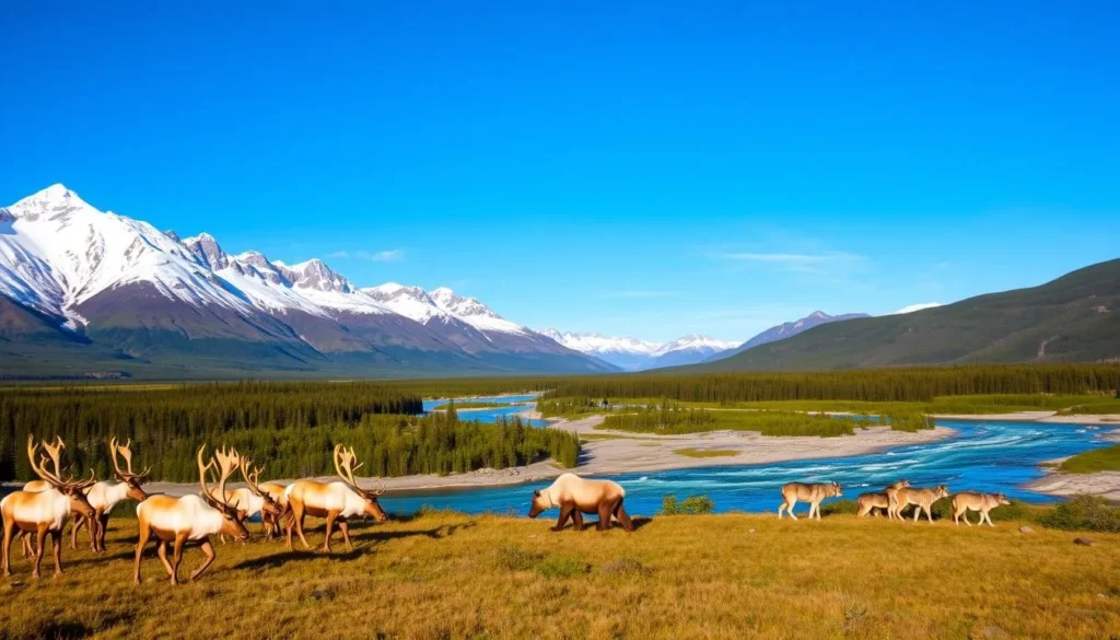 A stunning vista of the rugged Canadian wilderness, where snow-capped peaks frame a lush, verdant valley. In the foreground, a herd of majestic caribou grazes peacefully, their sleek, tawny coats glistening in the warm, golden sunlight. Closer to the viewer, a lone grizzly bear ambles along the banks of a pristine, sapphire-blue river, searching for salmon. In the middle distance, a pack of gray wolves trots silently through a dense, evergreen forest, their keen eyes scanning the landscape for prey. The sky above is a brilliant, cloudless azure, creating a serene and tranquil atmosphere perfect for wildlife viewing.