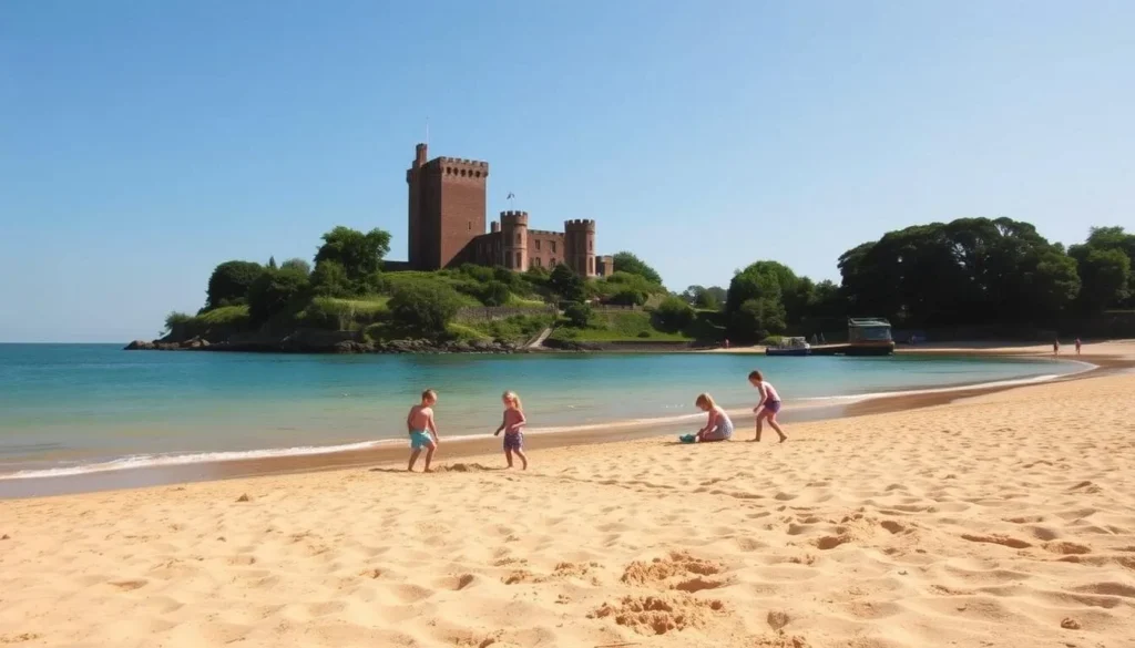 A sun-dappled Brownsea Island beach, with soft, golden sand leading to the calm, turquoise waters of the English Channel. In the middle ground, children play joyfully, building sandcastles and wading in the shallows, surrounded by lush, verdant foliage. In the background, the iconic Brownsea Castle stands proud, its red brick facade contrasted against the azure sky. The scene is bathed in warm, diffused lighting, creating a serene and inviting atmosphere, perfect for a family outing on this picturesque island.