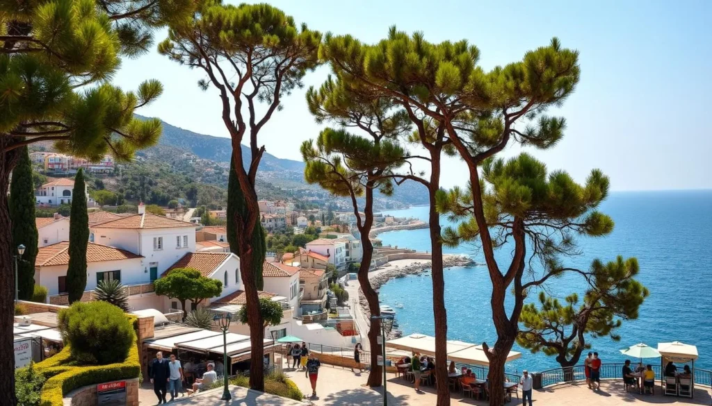 A sun-dappled Mediterranean coastline stretches out before a picturesque Lebanese town. Whitewashed buildings with terracotta roofs nestle among verdant hills, overlooking a sparkling azure sea. Tall cypress trees sway gently in the warm breeze, their silhouettes casting playful shadows on the promenade below. Locals and tourists stroll along the seaside, pausing to admire the stunning vistas or sip coffee at a cozy cafe. Soft, diffused light bathes the scene in a golden glow, creating a serene and inviting atmosphere. The perfect day to experience Lebanon's quintessential Mediterranean climate.
