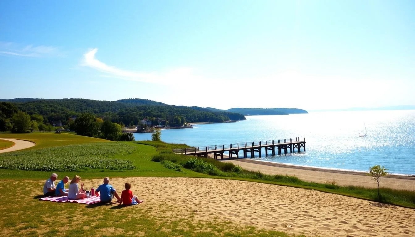 A sun-dappled New England shoreline park, with a gently curving sandy beach and lush verdant meadows. In the foreground, a family picnics on a checkered blanket, children playing nearby. Crisp, clear light filters through wispy clouds, casting soft shadows. In the middle ground, a wooden pier juts out into the calm, sparkling waters of the sound, sailboats gently bobbing. The background showcases rolling hills blanketed in vibrant green foliage, with the hazy silhouette of a quaint coastal town in the distance. An atmosphere of tranquility and natural beauty pervades the scene.