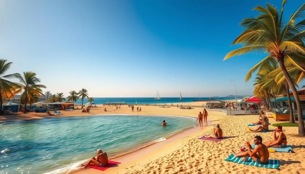 A sun-dappled afternoon at La Paloma beach, Uruguay. Inviting turquoise waters gently lap against the golden sand, surrounded by lush palm trees swaying in the soft breeze. In the foreground, beachgoers lounge on colorful towels, sipping refreshing drinks and soaking up the warm, coastal atmosphere. The middle ground reveals a bustling promenade lined with charming cafes and seaside boutiques. In the distance, the horizon is dotted with sailboats gliding across the tranquil ocean. Warm, diffused lighting casts a serene glow over the entire scene, capturing the essence of the perfect beach day.