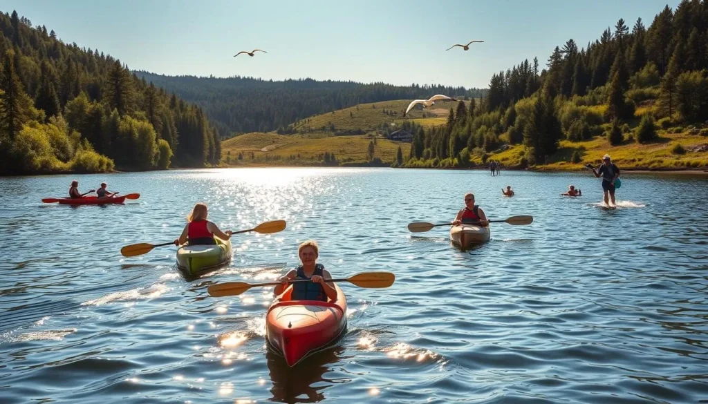 A sun-dappled afternoon in Angso National Park, Sweden. Families enjoy kayaking on the shimmering lake, their paddles dipping gracefully into the crystal-clear waters. In the middle distance, hikers trek along winding trails, admiring the lush forests and wildflower meadows. On the far shore, children splash in the shallows, their laughter carried on the gentle breeze. Overhead, seagulls soar, their cries mingling with the rustling of leaves. The warm, golden light casts a serene glow, infusing the scene with a sense of tranquility and timeless summer charm.