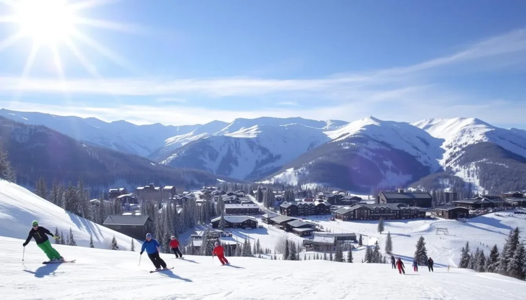 A sun-dappled alpine scene in Sunshine Village, Alberta, Canada. In the foreground, a group of skiers and snowboarders glide down a pristine slope, their vibrant outfits contrasting against the crisp white snow. In the middle ground, a bustling village with cozy lodges and quaint shops comes into view, its charming architecture accentuated by the warm glow of the sun. In the background, towering snow-capped peaks pierce the azure sky, their majestic presence creating a breathtaking backdrop. The image conveys a sense of adventure, serenity, and the pure joy of winter activities in this picturesque mountain setting.