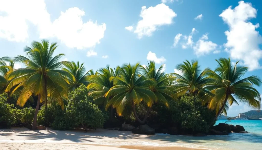 A sun-dappled beach in the U.S. Virgin Islands, with crystal-clear turquoise waters lapping at the shore. Lush, verdant palm trees sway gently in the light breeze, casting soft shadows on the golden sand. A picturesque scene of tranquility, as the "shoulder season" between the busy winter and summer months offers a perfect balance of ideal weather and fewer crowds. Gentle lighting filters through wispy clouds, illuminating the scene with a warm, inviting glow. The overall atmosphere is one of serene relaxation, an idyllic setting for an off-peak getaway.