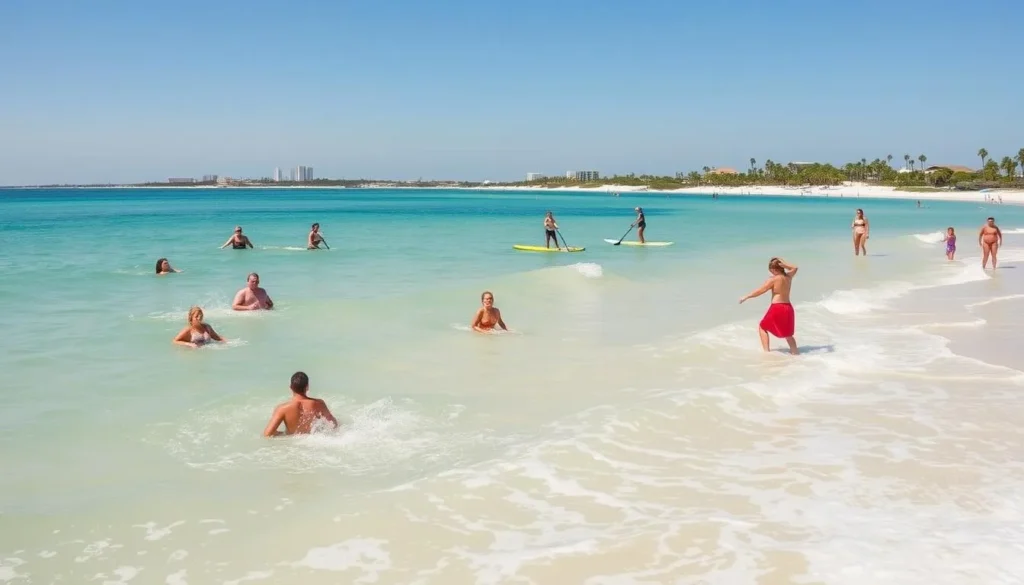A sun-dappled beach on Pleasure Island, North Carolina, with people engaged in various water activities. In the foreground, beachgoers frolic in the gentle waves, their laughter and splashing creating a lively atmosphere. In the middle ground, standup paddleboarders glide across the tranquil turquoise waters, their reflections mirroring the clear sky above. The background features a panoramic view of the island's picturesque coastline, with swaying palm trees and soft, white sand framing the scene. The lighting is warm and natural, creating a serene and inviting mood. Captured with a wide-angle lens to showcase the breadth of the beach and its activities.