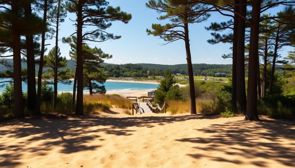 A sun-dappled beachfront landscape, with Walnut Beach Area as the focal point. In the foreground, golden sand gently slopes towards the lapping waves of the Long Island Sound. Towering pine trees line the edges, casting soft shadows on the scene. In the middle ground, a well-maintained boardwalk winds through the beach, inviting visitors to explore. The background features rolling hills and lush greenery, creating a serene and picturesque setting. The lighting is warm and natural, highlighting the vibrant colors of the environment. Capture this idyllic coastal scene through a wide-angle lens, emphasizing the expansive, peaceful atmosphere of the Walnut Beach Area.