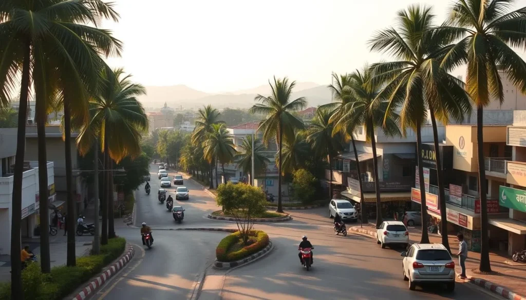 A sun-dappled city street in Salem, Tamil Nadu, lined with lush palm trees and bustling with local traffic. In the foreground, a well-maintained road curves gracefully, flanked by vibrant shops and small businesses. In the middle ground, a mix of traditional and modern architecture creates a visually interesting backdrop, while the distant horizon is dotted with the silhouettes of rolling hills. The scene is bathed in warm, golden light, casting a pleasant, inviting atmosphere. Capture this vibrant urban landscape using a wide-angle lens to convey the seamless connectivity of Salem's streets.