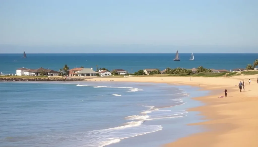 A sun-dappled coastal scene in Jose Ignacio, Uruguay, during the peak summer season. A pristine beach stretches out, with golden sand and gentle waves lapping at the shore. In the foreground, people stroll along the waterline, enjoying the mild temperatures and clear skies. The middle ground features a picturesque seaside village, with charming white-washed buildings and palm trees swaying in the ocean breeze. In the distance, the horizon is dotted with sailboats gliding across the tranquil waters of the South Atlantic. The lighting is warm and inviting, creating a serene and relaxing atmosphere that captures the essence of the best time to visit this picturesque coastal town.