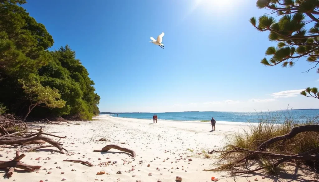 A sun-dappled coastline of Masonboro Island, North Carolina. Lush maritime forests flank a pristine sandy beach, dotted with driftwood and seashells. In the distance, the serene waters of the Intracoastal Waterway glisten under a cloudless sky. A lone egret takes flight, its graceful wings catching the warm golden light. The scene exudes a sense of tranquility and preservation, showcasing the natural beauty that makes Masonboro Island a cherished conservation area. A wide-angle lens captures the harmony between land and sea, inviting the viewer to experience the island's unspoiled splendor.