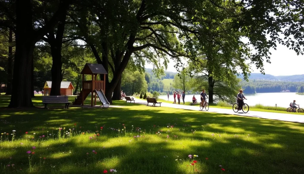 A sun-dappled family-friendly area at Hostivar Reservoir, Czechia. In the foreground, a well-maintained grassy lawn dotted with colorful wildflowers, inviting visitors to picnic and play. A wooden playground structure stands nearby, its slides and swings gleaming in the warm light. In the middle ground, a paved path winds through the lush greenery, families strolling and cycling leisurely. In the background, the calm waters of the reservoir stretch out, surrounded by verdant hills and trees, creating a serene and tranquil atmosphere. Soft, diffused lighting filters through the leaves, imbuing the scene with a natural, welcoming ambiance.