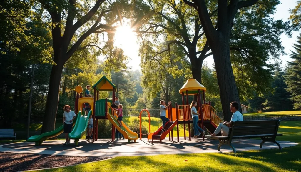 A sun-dappled family-friendly playground nestled in a lush, verdant setting. Children joyfully climbing on colorful, modern play structures - slides, swings, monkey bars. Nearby, parents and caregivers relax on benches, supervising with content smiles. Dappled sunlight filters through towering trees, casting a warm, inviting glow over the serene scene. The playground's equipment is well-maintained, safe, and designed to encourage active, imaginative play. A peaceful oasis where families can enjoy quality time together, making cherished memories.