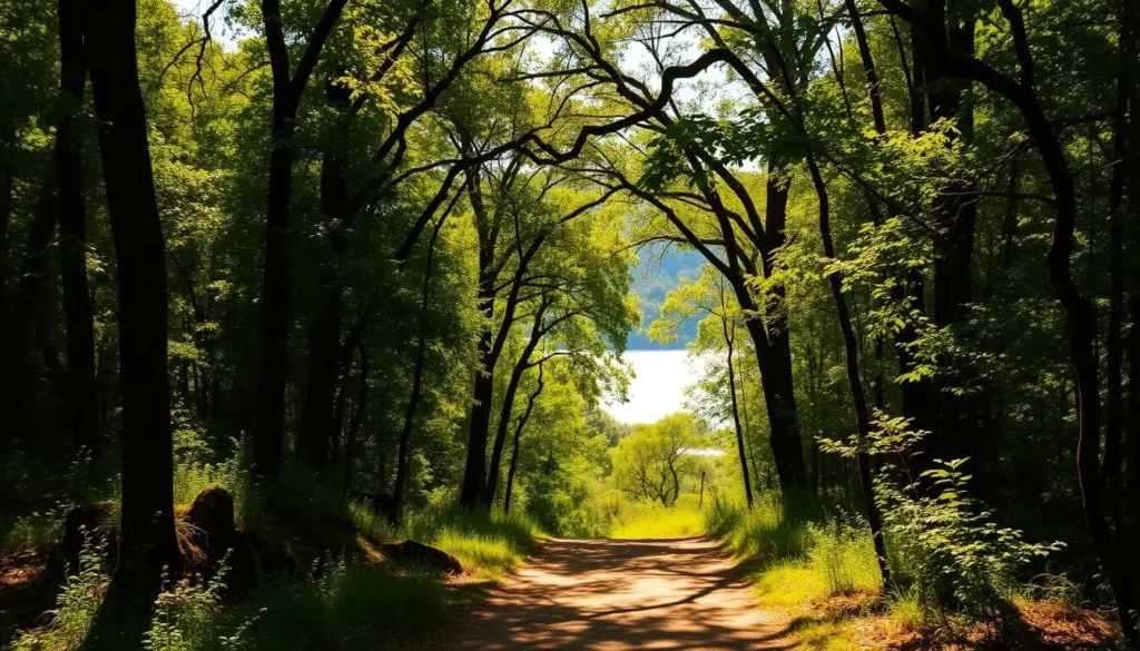 A sun-dappled forest path leading into the lush, verdant canopy of Brownsberg Nature Park. Towering trees cast gentle shadows, filtering warm golden light onto the winding trail below. In the distance, a serene river glistens, inviting visitors to explore the park's diverse habitats. The scene conveys the tranquility and natural beauty that make Brownsberg an ideal destination to visit during the dry season, when the weather is mild and the wildlife is most active.