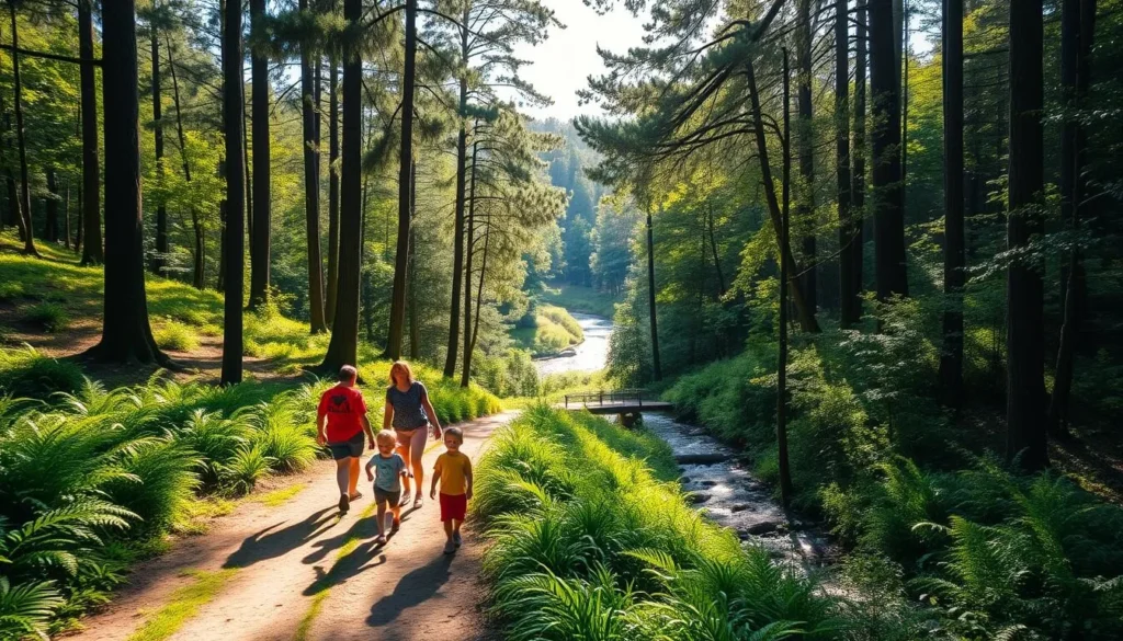 A sun-dappled forest path winds through lush greenery, flanked by towering pines and verdant ferns. Families stroll leisurely, children's laughter echoing amidst the tranquil ambiance. Dappled sunlight filters through the canopy, casting a warm, inviting glow over the trail. In the distance, a meandering stream glistens, its gentle murmur providing a soothing soundtrack. The scene exudes a sense of serenity and connection with nature, perfect for a family-friendly hiking experience in the heart of Brasilia.