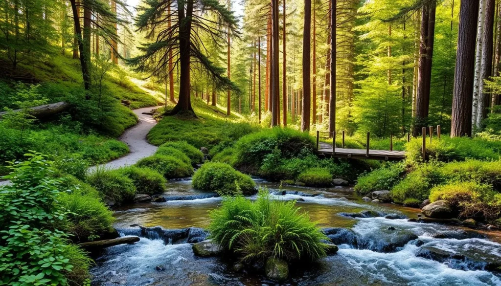 A sun-dappled forest stream winds through lush vegetation, its crystal-clear waters reflecting the verdant foliage above. In the foreground, a sturdy wooden footbridge spans the rushing brook, inviting hikers to pause and quench their thirst from the natural water source. The middle ground reveals a picturesque trail winding through the undergrowth, while the background showcases towering pine and birch trees, casting a warm, verdant glow over the serene scene. Soft, diffused lighting filters through the canopy, creating a peaceful, tranquil atmosphere, perfect for a restorative rest stop along the Kungsleden Trail.