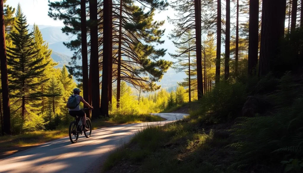 A sun-dappled forest trail, winding between towering pines and lush ferns. In the foreground, a cyclist navigates the smooth, gently curving path, their bicycle's tires kicking up a subtle plume of dust. The middle ground reveals a vista of rolling hills and distant mountains, bathed in warm, golden light. The background is framed by the verdant canopy above, casting a serene, natural ambiance over the scene. The overall mood is one of adventure, tranquility, and the joy of exploring the great outdoors.