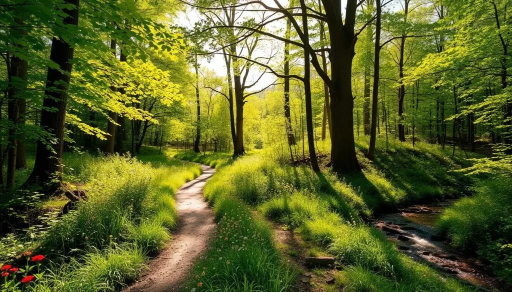 A sun-dappled forest trail winds through lush, verdant foliage. Vibrant wildflowers dot the undergrowth, their petals dancing in the gentle breeze. Towering deciduous trees line the path, their fresh green leaves filtering the warm, golden light. A serene creek babbles alongside, its crystalline waters reflecting the surrounding natural beauty. The trail stretches into the distance, inviting exploration of this idyllic springtime landscape. Capture the tranquil, revitalizing atmosphere of this picturesque nature preserve.
