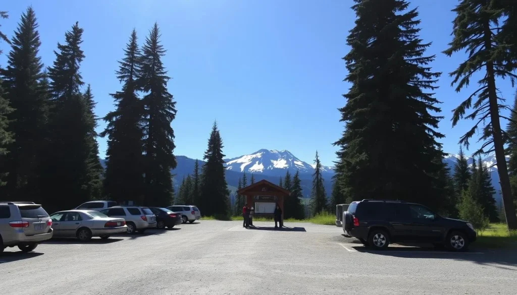 A sun-dappled gravel parking lot nestled amidst towering evergreens, the Elfin Lakes trailhead beckons hikers to embark on their mountain adventure. In the foreground, a well-maintained trail leads towards the distance, inviting visitors to explore the natural wonders beyond. Vehicles of various sizes dot the spacious lot, their owners eagerly preparing their gear. The middle ground features a rustic information kiosk, providing maps and trail details. In the background, the majestic peaks of the Coast Mountains rise, their snowcapped summits reflecting the clear, azure sky. An atmosphere of tranquility and anticipation permeates the scene, setting the stage for an unforgettable journey into the heart of British Columbia's breathtaking wilderness.