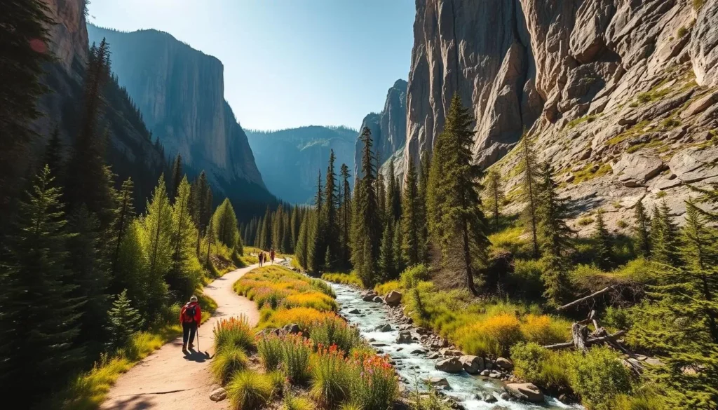 A sun-dappled hiking trail winds through the verdant forest, leading towards the imposing cliffs of Maligne Canyon. Towering limestone walls rise on either side, casting dramatic shadows over the meandering path. A crystal-clear stream flows gently alongside, its soothing sounds echoing through the tranquil ravine. Hikers traverse the well-maintained trail, taking in the breathtaking scenery of this natural wonder. Lush foliage and vibrant wildflowers dot the landscape, creating a picturesque scene. Warm, diffused lighting illuminates the scene, casting a warm glow over the entire tableau. Capture the essence of this stunning hiking destination in Alberta, Canada.