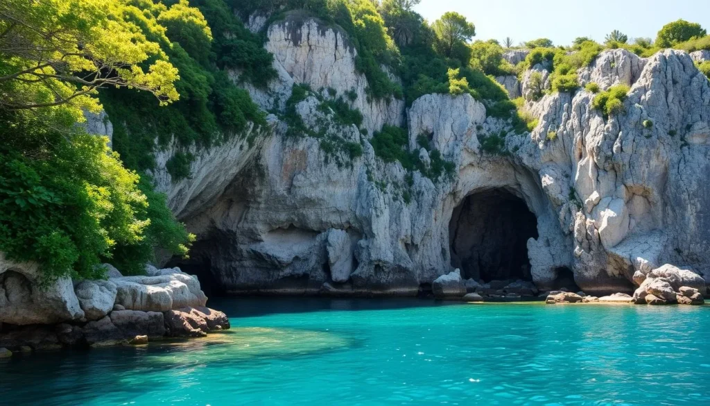 A sun-dappled island cove, where weathered limestone caves punctuate the rugged coastline. Lush, verdant foliage cascades down the steep cliffs, framing the dramatic entrance to these natural wonders. Warm, golden light filters through the openings, casting intricate shadows across the rough-hewn walls. The calm, turquoise waters of the inlet gently lap against the rocky shore, inviting exploration. An aura of tranquility and timelessness pervades the scene, capturing the essence of Bla Jungfrun's captivating natural beauty.