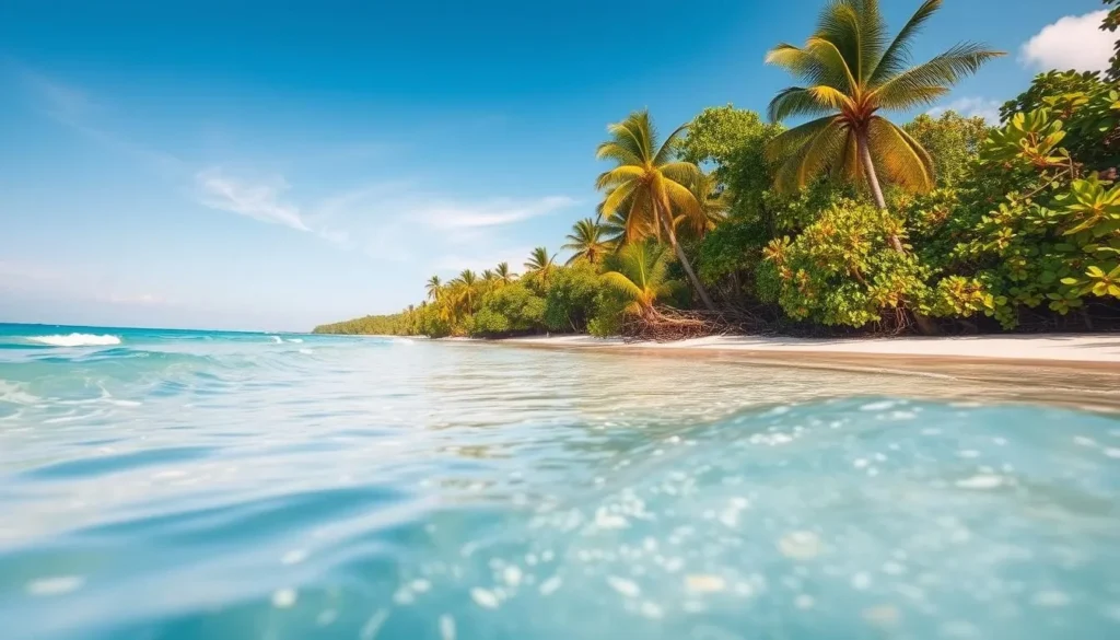 A sun-dappled landscape in Morrocoy National Park, Venezuela, with crystal-clear turquoise waters lapping at the pristine white-sand beaches. Lush, verdant mangroves and palm trees frame the idyllic scene, creating a serene and tranquil atmosphere. Gentle waves glisten in the warm, golden sunlight, inviting visitors to bask in the natural beauty of this tropical paradise. The camera captures the scene from a low angle, emphasizing the vastness of the sky and the tranquility of the environment. This picturesque setting reflects the ideal weather conditions for exploring Morrocoy National Park, making it a prime destination for a memorable visit.