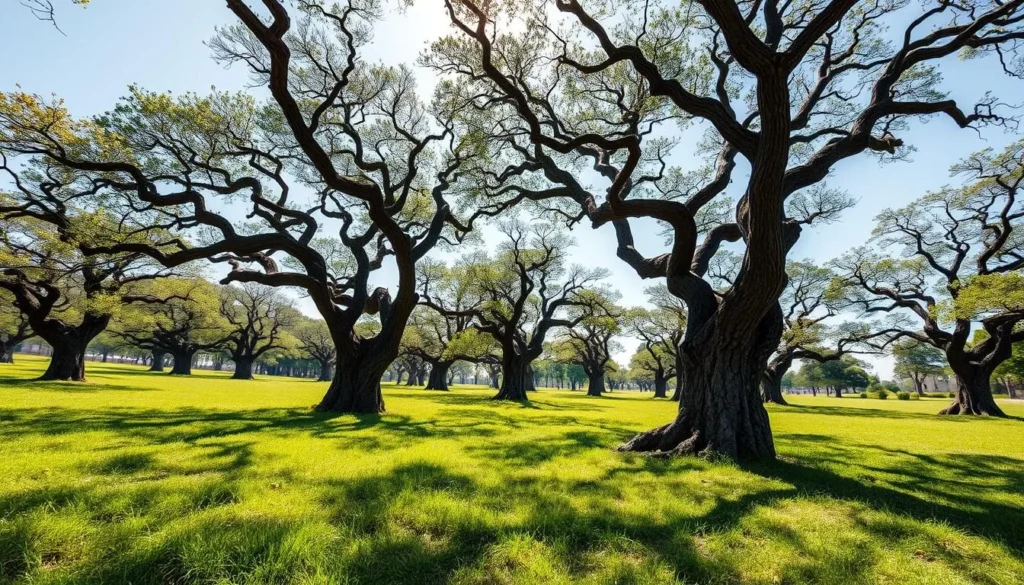 A sun-dappled meadow dotted with ancient pollard trees, their twisted trunks and gnarled branches casting gentle shadows on the lush, verdant ground. The trees' distinctive silhouettes stand tall against a clear, azure sky, their leaves rustling in a soft breeze. The scene exudes a sense of timeless tranquility, capturing the essence of the historical farming landscape of Angso Island. Captured with a wide-angle lens, the image conveys a serene, pastoral atmosphere, inviting the viewer to step into this idyllic, rural setting.