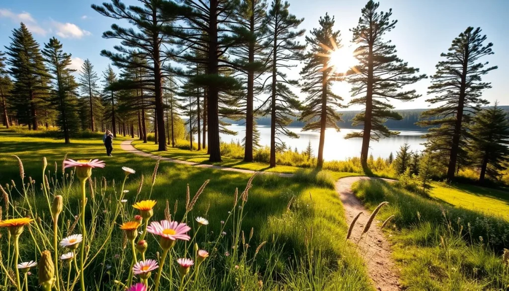 A sun-dappled meadow in Holsby National Park, Sweden, where photographers capture the natural beauty. In the foreground, wildflowers sway in a gentle breeze, their vibrant hues complementing the lush greenery. The middle ground features a winding path, inviting visitors to explore the park's hidden gems. In the background, towering pine trees frame a serene lake, its mirror-like surface reflecting the surrounding landscape. Warm, golden light filters through the canopy, casting a soft glow over the scene. A wide-angle lens captures the expansive vista, showcasing the park's picturesque vistas that inspire awe and wonder in all who visit.