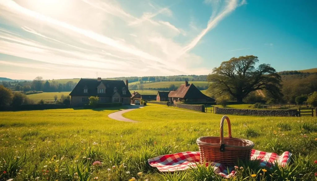 A sun-dappled meadow, lush with wildflowers, stretches out before a quaint country manor. In the foreground, a picnic basket and blanket await, inviting visitors to pause and savor the tranquility. The middle ground features a winding path leading towards a charming village, its thatched-roof cottages and cobblestone streets beckoning for exploration. In the distance, rolling hills dotted with ancient oaks frame the scene, bathed in the warm glow of a golden afternoon. Wispy clouds drift overhead, casting gentle shadows that dance across the landscape. This picturesque setting evokes the timeless appeal of a quintessential day trip in the London Borough of Havering, England.