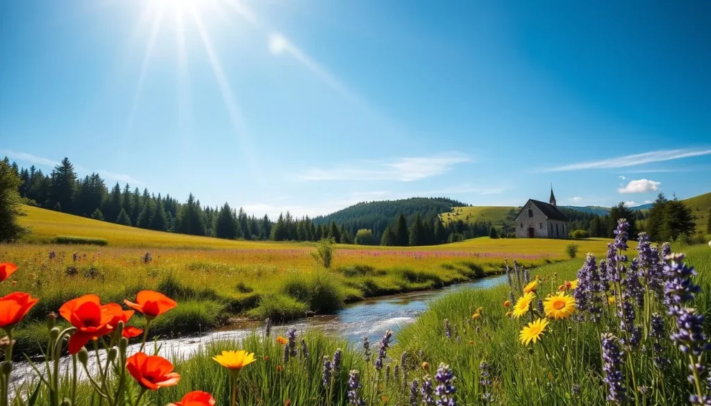 A sun-dappled meadow nestled amidst rolling hills, the Highlands Region of Czechia showcases nature's enchanting beauty. Verdant forests of towering pines and fragrant firs line the horizon, their branches swaying gently in a soft breeze. A crystal-clear stream meanders through the lush landscape, its waters reflecting the azure sky above. Vibrant wildflowers - crimson poppies, golden sunflowers, and delicate lavender - dot the foreground, creating a tapestry of color. In the distance, a ancient stone chapel stands as a testament to the region's rich cultural heritage. Warm, diffused sunlight bathes the scene, imbuing it with a sense of tranquility and wonder.
