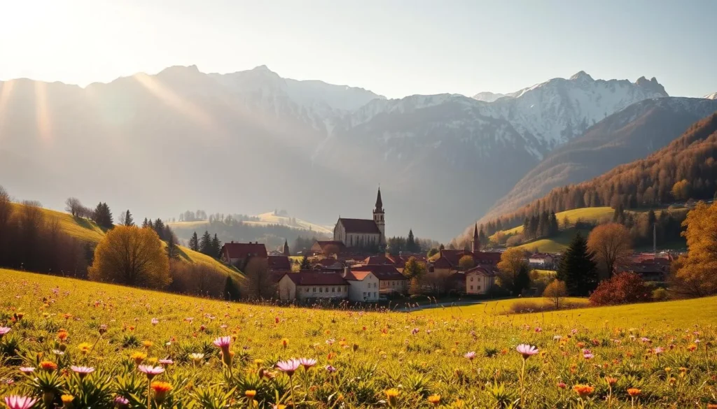 A sun-dappled meadow stretches across the foreground, lush with wildflowers in vibrant hues. In the middle ground, a quaint village nestles amid rolling hills, its terracotta roofs and church spires bathed in warm, golden light. The background reveals a dramatic mountain range, its craggy peaks dusted with a light layer of snow, creating a serene and picturesque landscape. The overall scene exudes a sense of tranquility and natural beauty, perfectly capturing the diverse regional weather and terrain of the Czech Republic.