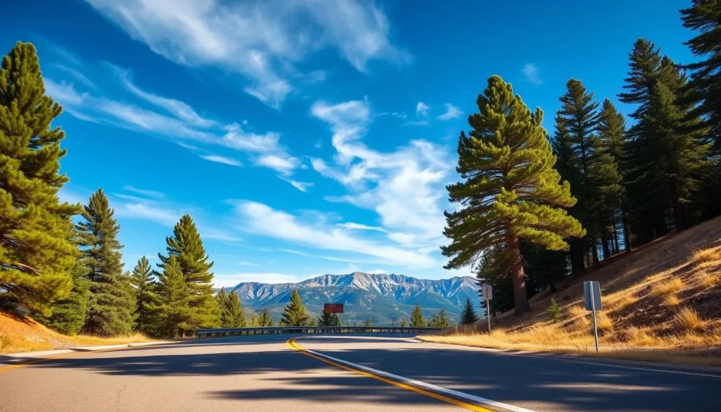 A sun-dappled mountain road winds through a picturesque Colorado landscape, the Collegiate Peaks rising majestically in the distance. Towering pines line the curving Buena Vista Drive, their verdant boughs casting soft shadows across the asphalt. A clear blue sky is dotted with wispy clouds, bathing the scene in a warm, golden glow. In the foreground, a well-maintained roadway invites travelers to explore the scenic wonders of this enchanting region, the perfect prelude to the adventures that await in the charming town of Buena Vista.