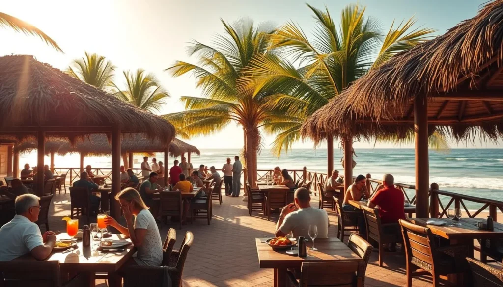 A sun-dappled outdoor dining scene on Blanquilla Island, Venezuela. Beachfront cabanas with thatched roofs and rustic wood furnishings. Lush palm trees sway in a gentle breeze, casting soft shadows on the tables. Guests enjoy a leisurely meal of local seafood and tropical cocktails, taking in the breathtaking ocean views. The atmosphere is relaxed and convivial, with warm lighting and the sound of lapping waves in the background. Warm, golden hues permeate the scene, creating a serene and inviting ambiance. A high-quality, photorealistic image capturing the essence of dining and hospitality on this picturesque Caribbean island.