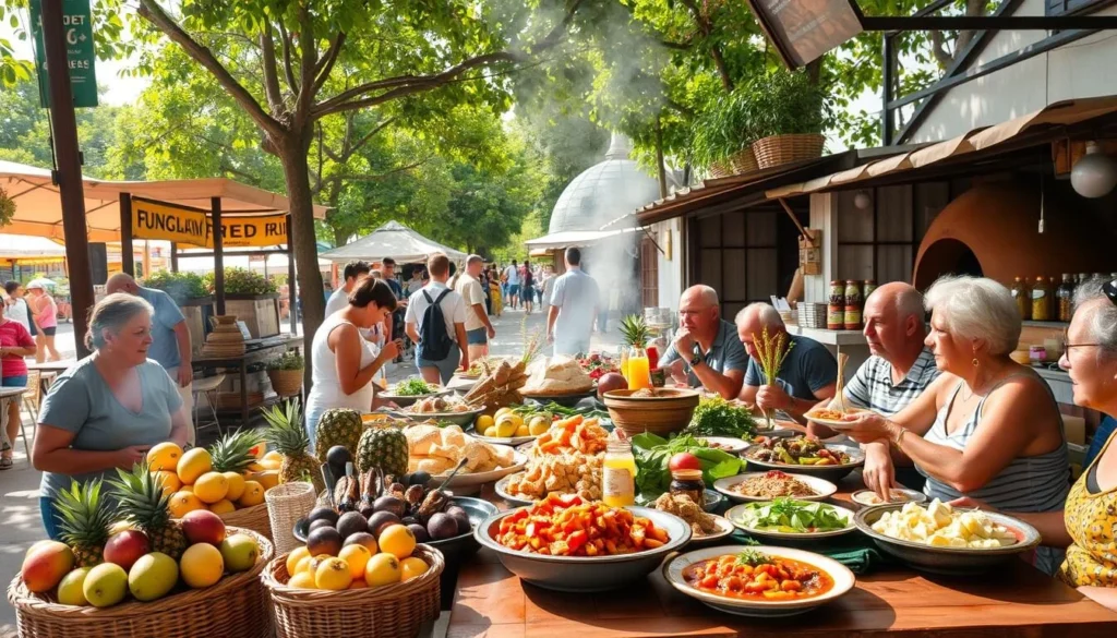 A sun-dappled outdoor market, bustling with local vendors and colorful produce. Fresh tropical fruits spill from woven baskets - juicy mangoes, pineapples, and passion fruits. Grilled skewers of meat and sizzling seafood fill the air with tantalizing aromas. Stalls offer handcrafted breads, artisanal cheeses, and jars of vibrant jams. In the distance, a traditional clay oven emits the scent of freshly baked bread. A wooden table is laden with a feast of regional specialties - hearty stews, bright salads, and fragrant rice dishes. Diners converse animatedly, savoring the flavors of the local cuisine in the warm, convivial atmosphere.