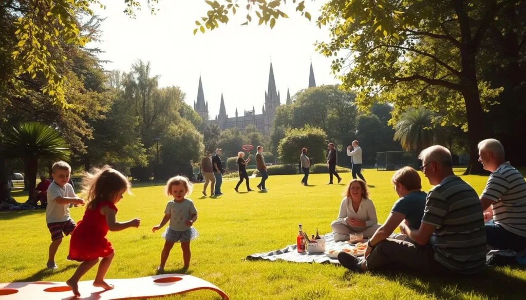 A sun-dappled park in Croydon, where families gather for a day of joyful activities. In the foreground, children play on a colorful playground, their laughter filling the air. Nearby, a picnic blanket is spread out, with parents and grandparents enjoying a homemade feast. In the middle ground, a group of friends toss a frisbee, their silhouettes dancing against the verdant landscape. In the background, the spires of historic buildings peek out, adding a touch of architectural charm to the scene. The warm, golden light filters through the leaves, creating a cozy, inviting atmosphere. A perfect day for creating cherished memories in this vibrant, family-friendly borough.