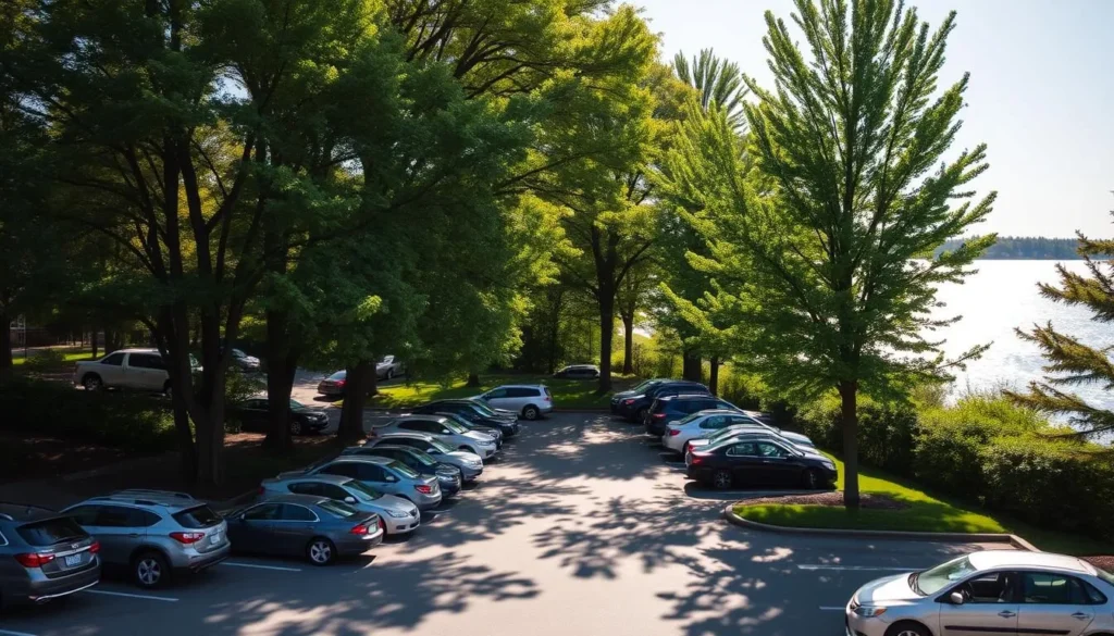 A sun-dappled parking lot nestled amidst lush greenery, bordering the tranquil shores of Lake Nokomis. Rows of neatly arranged cars bask in the warm glow of a mid-afternoon sun, casting soft shadows on the well-maintained asphalt. Tall, stately trees line the perimeter, their verdant foliage swaying gently in the light breeze. In the distance, glimpses of the sparkling lake can be seen, inviting visitors to explore the serene natural beauty of this urban oasis. The scene conveys a sense of peaceful accessibility, with ample parking available for those seeking to immerse themselves in the recreational and leisure activities offered by this picturesque Minnesota destination.