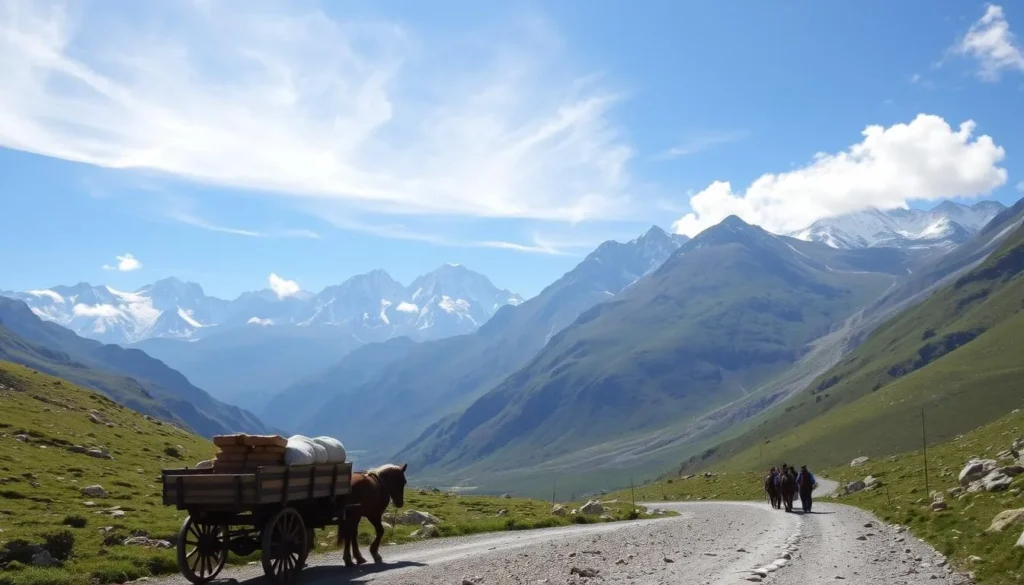 A sun-dappled path winds through the verdant Tarfala Valley, as hikers and pack horses traverse the rugged terrain. In the foreground, a horse-drawn cart carries supplies, its wooden wheels crunching on the gravel. Towering peaks rise in the distance, their snow-capped summits glittering under the clear, azure sky. Wispy clouds drift lazily overhead, casting gentle shadows across the valley floor. The scene exudes a sense of tranquility and adventure, inviting the viewer to imagine the challenges and rewards of a Tarfala expedition.