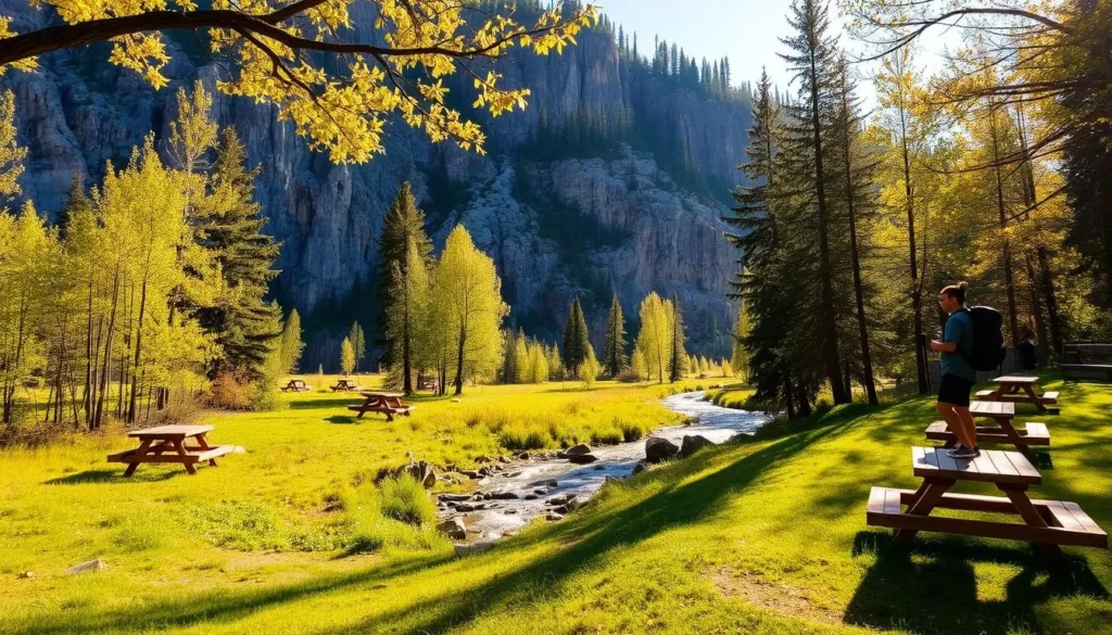 A sun-dappled picnic area nestled in the lush greenery of Johnson Canyon, Alberta. Wooden picnic tables and benches dot the grassy knoll, inviting visitors to enjoy a relaxed al fresco meal. In the middle ground, a babbling brook winds its way through the scene, its gentle sounds adding to the serene ambiance. The backdrop features towering limestone cliffs, their rugged faces casting soft shadows across the landscape. Warm, golden light filters through the canopy of deciduous trees, creating a cozy, welcoming atmosphere. A pair of hikers pause to take in the tranquil setting, highlighting the canyon's appeal beyond just its famous hiking trails.