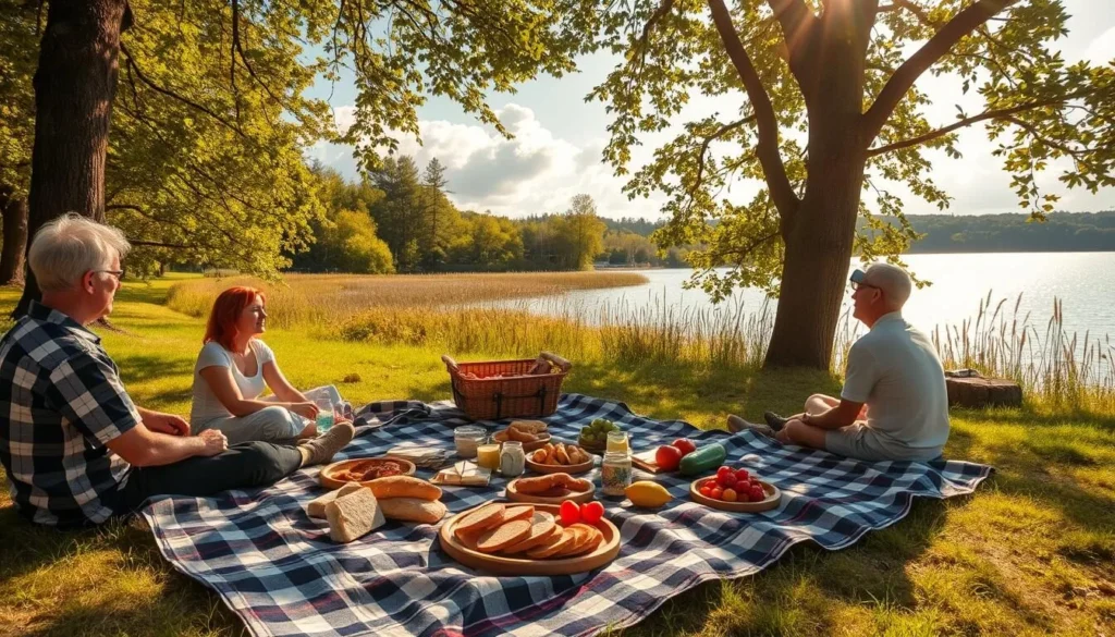 A sun-dappled picnic area on the shores of Lake Milada, Czechia. In the foreground, a group of friends lays out a plaid blanket and unpacks a spread of local delicacies - crusty bread, soft cheeses, and ripe fruit. The middle ground reveals a pristine shoreline, lush with reeds and wildflowers. In the distance, the shimmering surface of the lake reflects the fluffy clouds drifting overhead. Warm, golden light filters through the leafy trees, casting a cozy, relaxed ambiance over the scene. An inviting, idyllic setting perfect for an afternoon of dining and refreshment amid the natural beauty of this Central European gem.