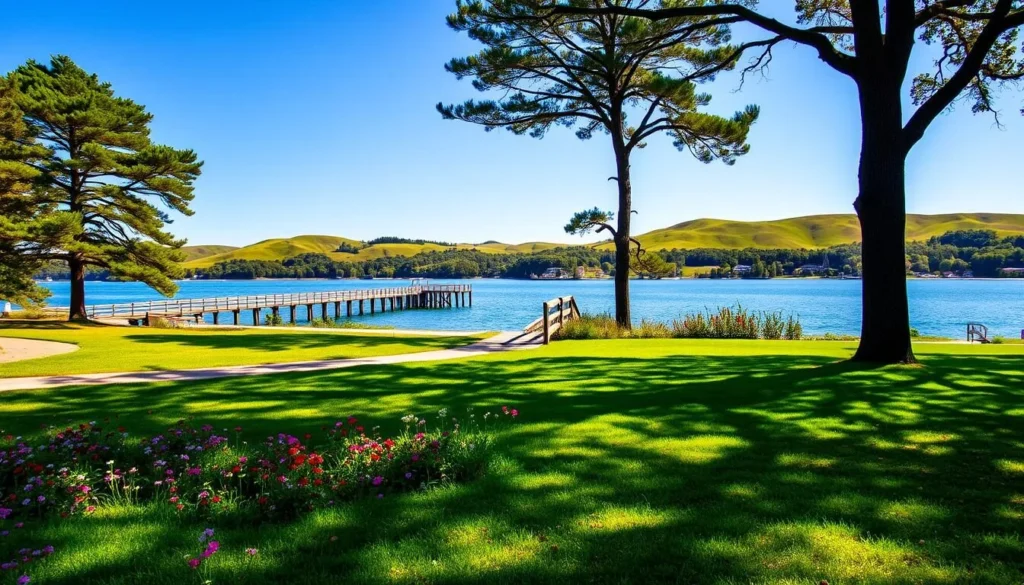 A sun-dappled scene of Bowers Beach Park, Delaware. In the foreground, a well-maintained grassy lawn dotted with vibrant wildflowers. A paved walking path meanders through the lush greenery, inviting visitors to stroll. In the middle ground, a picturesque wooden pier extends into a tranquil body of water, reflecting the clear blue sky above. Tall, swaying trees line the shores, providing ample shade and a sense of tranquility. The background features gently rolling hills, their verdant slopes contrasting with the cloudless horizon. Warm, soft lighting bathes the entire scene, creating a serene and inviting atmosphere perfect for outdoor recreation and leisure.