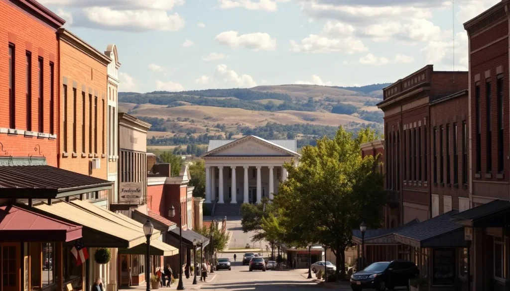 A sun-dappled scene of Dardanelle's historic downtown, capturing the town's timeless charm. In the foreground, quaint shops and eateries line the streets, their facades adorned with period-accurate architectural details. In the middle ground, a stately courthouse stands proud, its stately columns and ornate facade a testament to the town's storied past. The background features rolling hills and a tranquil river, hinting at the natural beauty that surrounds this picturesque Arkansas community. The overall atmosphere is one of warmth, nostalgia, and a reverence for the town's rich history.