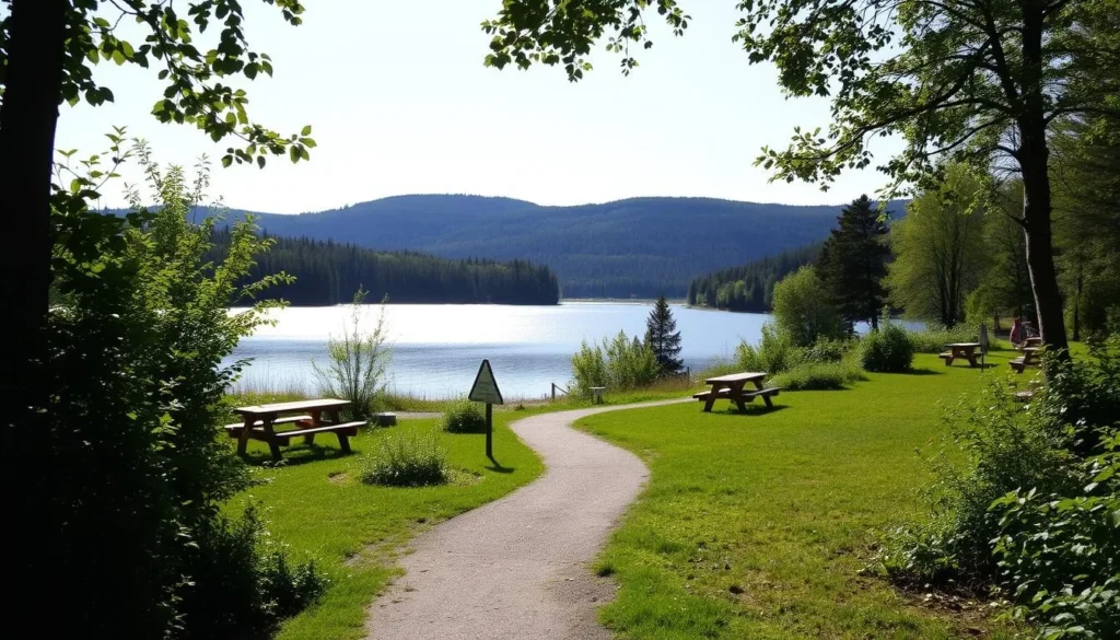 A sun-dappled scene of Lake Sognsvann's idyllic facilities on a pleasant day. In the foreground, a well-maintained trail meanders along the shoreline, inviting visitors to stroll and soak in the tranquil atmosphere. Amid lush, verdant foliage, wooden benches and picnic tables dot the landscape, offering ample opportunities for relaxation and scenic contemplation. In the middle ground, the glistening waters of the lake reflect the surrounding hills and forests, creating a serene and picturesque tableau. In the background, the rolling hills and dense tree cover provide a natural backdrop, conveying a sense of peaceful seclusion. The lighting is soft and diffused, enhancing the calming mood and drawing the viewer's eye to the inviting, well-tended facilities that cater to the needs of visitors to this enchanting Norwegian destination.