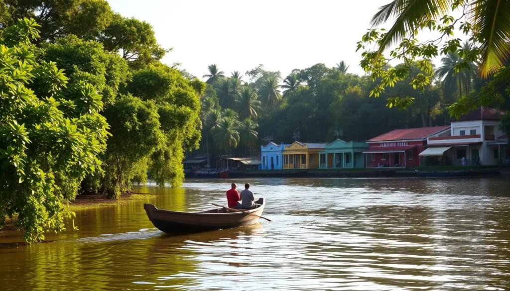 A sun-dappled scene of Saint-Laurent-du-Maroni, the riverside town in French Guiana. Lush, verdant foliage lines the banks of the Maroni River, casting gentle shadows on the calm waters. In the foreground, a traditional wooden boat bobs gently, its occupants leisurely fishing. The middle ground reveals colorful colonial-style buildings, their vibrant facades reflecting the warm, golden light of a clear day. In the distance, the silhouettes of the tropical forest canopy rise up, creating a tranquil, serene atmosphere. A light breeze ruffles the leaves, and the air is filled with the chirping of birds, creating a sense of peaceful harmony.