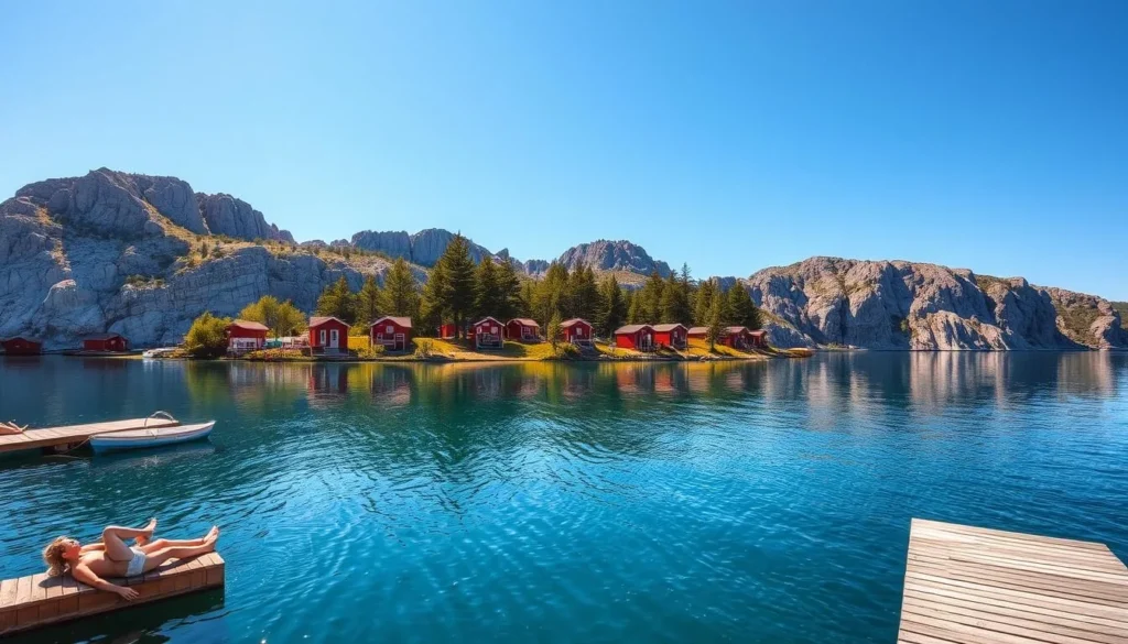 A sun-dappled scene on Vinga Island, Sweden, in the height of summer. The foreground features a small wooden dock extending into a calm, azure sea. Sunbathers lounge on the dock, their skin glistening in the warm rays. In the middle ground, a cluster of red wooden cabins nestle among verdant pines, their reflections mirrored in the still waters. The background showcases the rugged granite cliffs that rise up from the shoreline, their craggy faces painted in hues of ochre and umber. A cloudless sky arches overhead, its brilliant blue hue accentuated by the golden sun. The scene radiates a sense of tranquility and leisure, capturing the essence of a perfect summer day on Vinga Island.