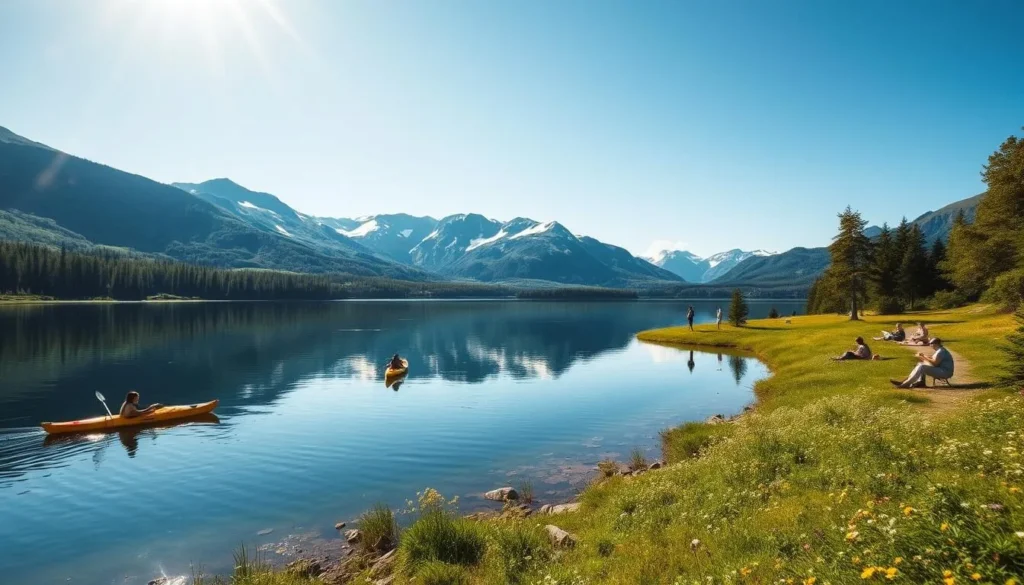 A sun-dappled scene on the tranquil shores of Lake Bygdin, Norway. In the foreground, people enjoy a range of summer activities - kayaking across the calm, cerulean waters, hiking along the verdant, flower-speckled trails, and picnicking on the grassy banks. The middle ground features the majestic, snow-capped peaks of the Jotunheimen mountains, reflected in the glassy surface of the lake. The background is a panoramic vista of the surrounding fjords and forests, bathed in the warm glow of the summer sun. Capture the essence of this idyllic, outdoor adventure at Lake Bygdin.
