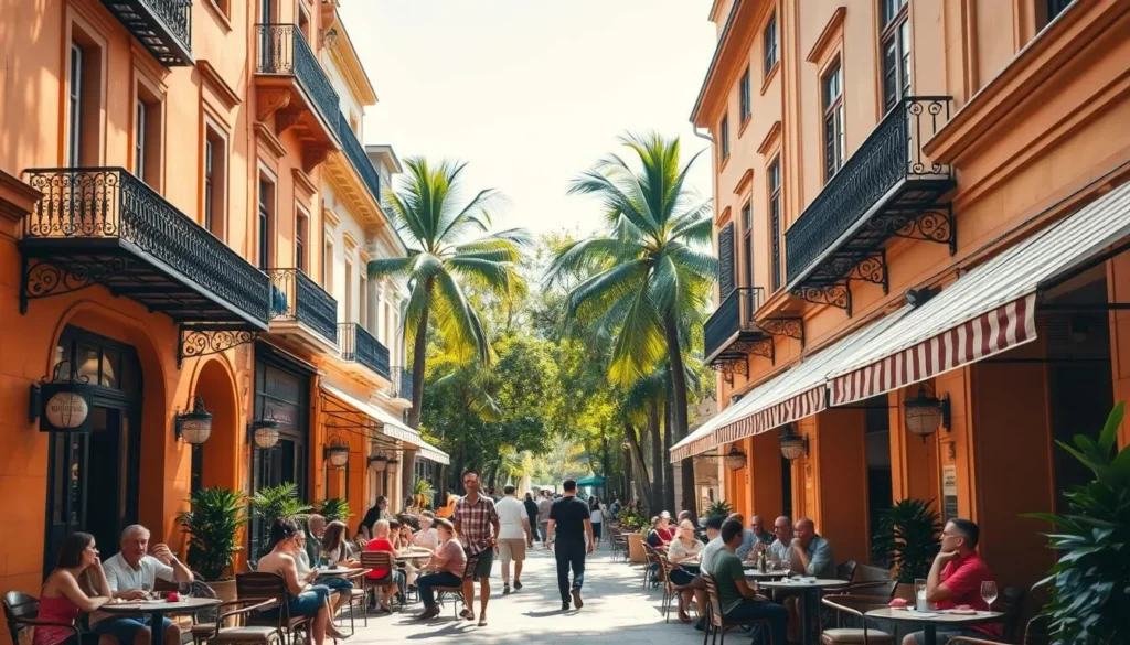 A sun-dappled street in Brasilia, Brazil, lined with charming French-style bistros and cafes. Quaint facades in warm ochre and terracotta tones, with wrought-iron balconies and striped awnings. Diners enjoying alfresco meals at small tables, sipping coffee or wine. A lively, bustling atmosphere, with people strolling by and the sound of laughter and conversation. Vibrant greenery in the background, with palm trees swaying gently. The lighting is soft and golden, creating a welcoming, relaxed ambiance. Capture the essence of Brasilia's thriving French culinary scene, on a beautiful day when the city is at its most inviting.