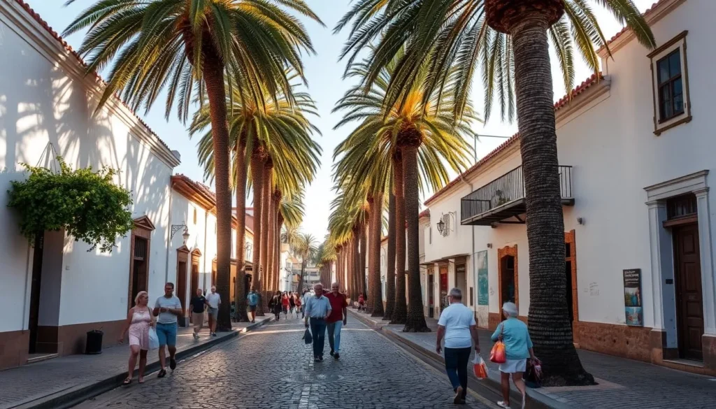 A sun-dappled street in Las Piedras, Uruguay. Weathered cobblestones wind between whitewashed colonial buildings, their terra-cotta roofs glowing in the warm afternoon light. Towering palm trees sway gently overhead, casting soft shadows across the bustling sidewalks. Locals stroll by, chatting and carrying bags of fresh produce from the nearby market. The scene radiates a charming, leisurely pace, inviting the viewer to explore the picturesque city streets of this vibrant Uruguayan town.