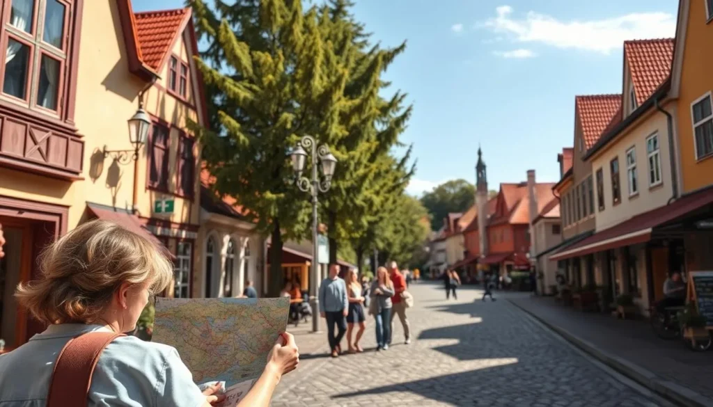 A sun-dappled street in the charming town of Falun, Sweden. In the foreground, a group of people peruse a colorful map, planning their day's itinerary. Quaint buildings with red-tiled roofs line the road, their facades adorned with Nordic-inspired details. Tall trees sway gently in the background, casting soft shadows on the cobblestoned pavement. A warm, inviting atmosphere pervades the scene, capturing the essence of a picturesque Scandinavian town ready to welcome curious travelers.