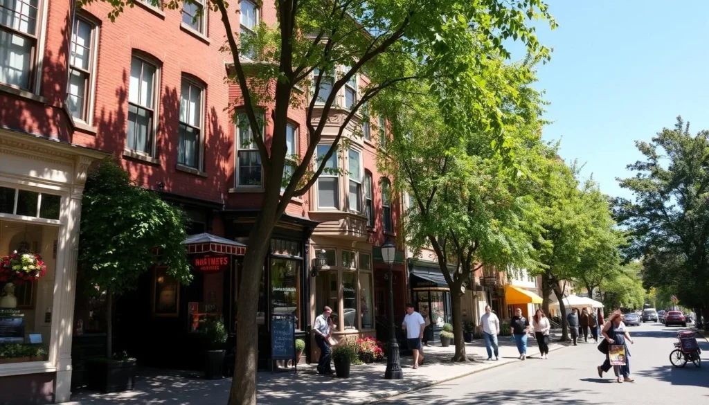 A sun-dappled street in the charming town of Hudson, New York. Quaint brownstone buildings with elegant Victorian-era facades line the tree-shaded sidewalks. Boutiques, galleries, and cafes beckon passersby along the picturesque Warren Street, the vibrant heart of this historic river community. A warm, inviting atmosphere pervades the scene, with people strolling leisurely, enjoying the sights and sounds of this vibrant small-town oasis. Capture the essence of Hudson's unique character and appeal in a realistic, high-resolution image showcasing the best of this captivating destination.